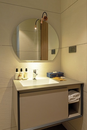 Shower, slippers, towels, soap