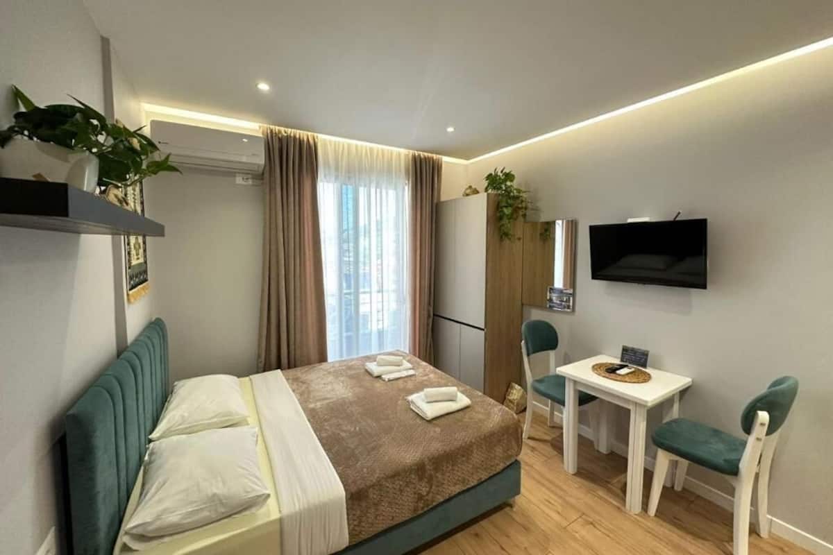 A modern hotel room with a bed, a desk, two chairs, a TV, and a plant.