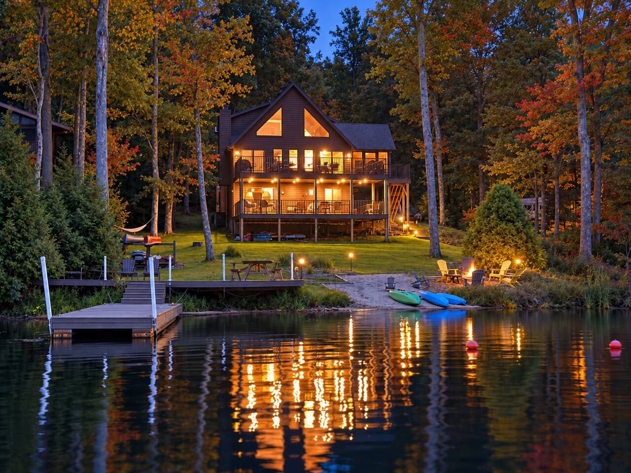 The Ember & Oar Lakeside Lodge shines through all four seasons!  Enjoy a lakeside fire, unwind in the hot tub, dip your feet in the lake from the beach, cruise the lake in a kayak, or take a quiet snooze in the hammock.