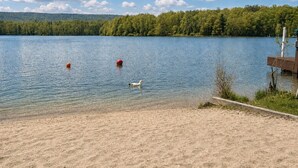 En sjö med en sandstrand, en träbrygga och en skogbeklädd kulle i bakgrunden.