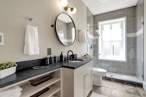 Shower, hair dryer, towels