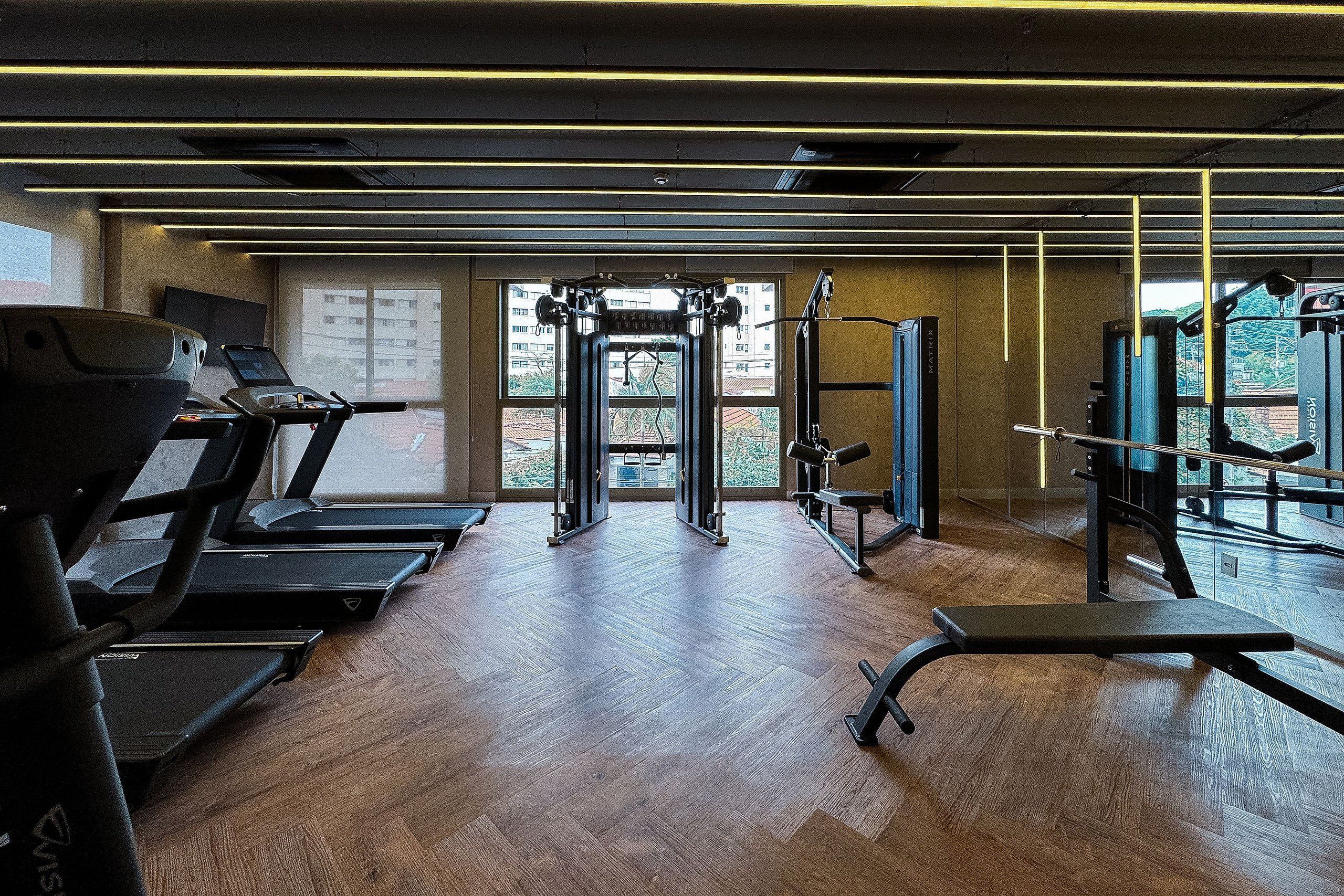 Un gimnasio con cintas de correr, un banco de pesas y una jaula para sentadillas.