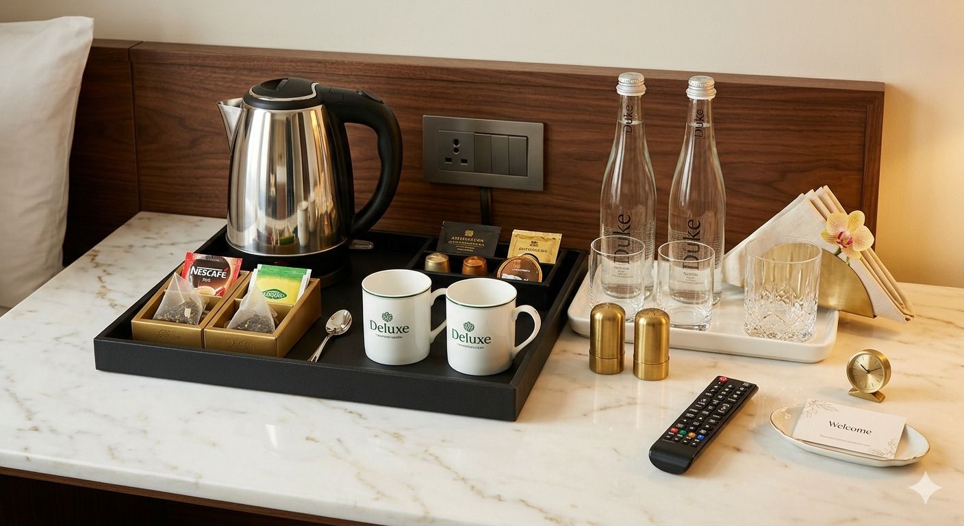 A hotel room's breakfast tray with a coffee pot, mugs, tea bags, condiments, and a remote control.