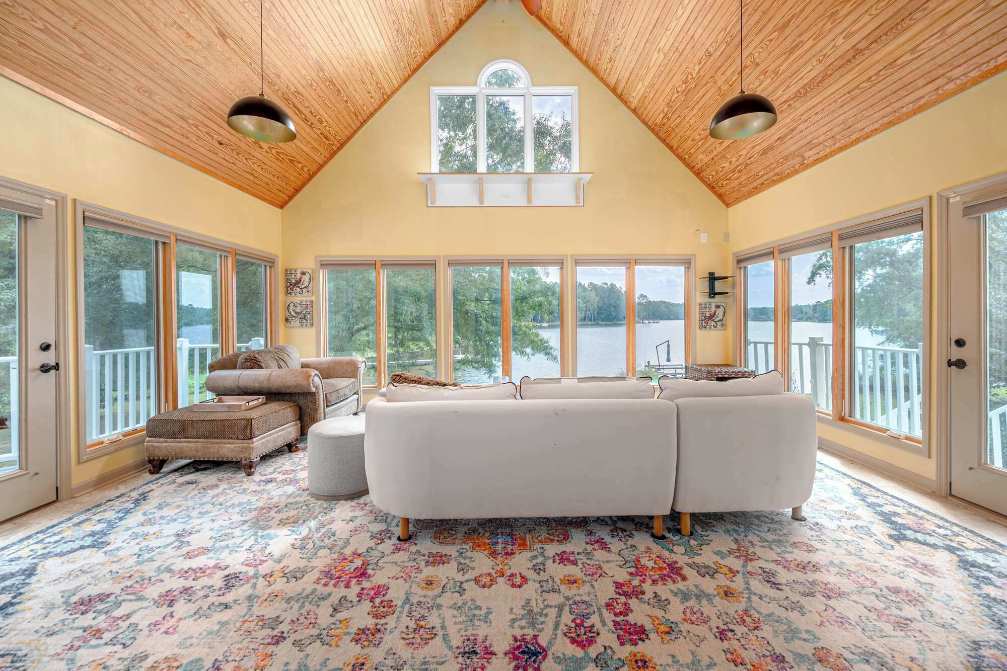 TV, fireplace, books, offices