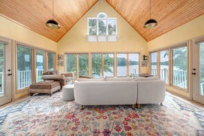TV, fireplace, offices - Spacious Lakefront Retreat with Canoe & Views (Hillsborough)