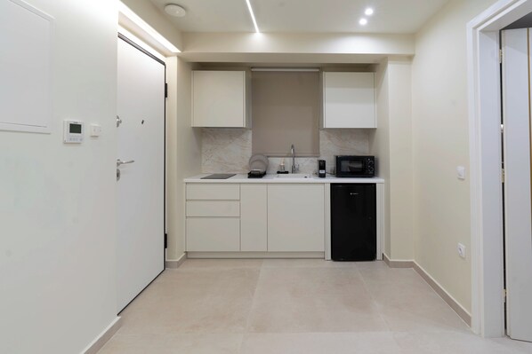 Fridge, microwave, stovetop, cookware/dishes/utensils