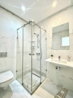 Shower, hair dryer, towels, soap