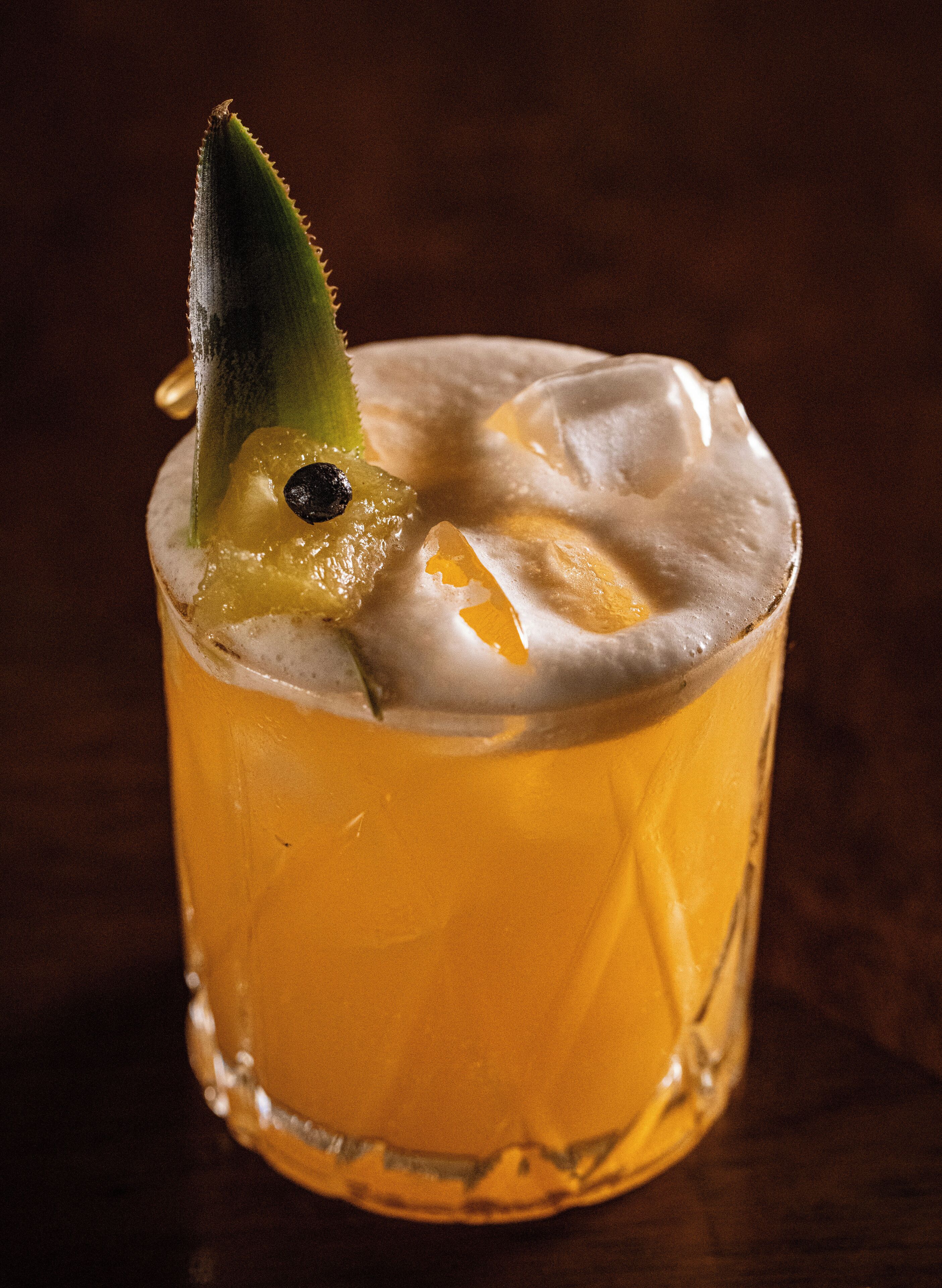 Un verre contenant une boisson mousseuse, une garniture verte et un point noir.