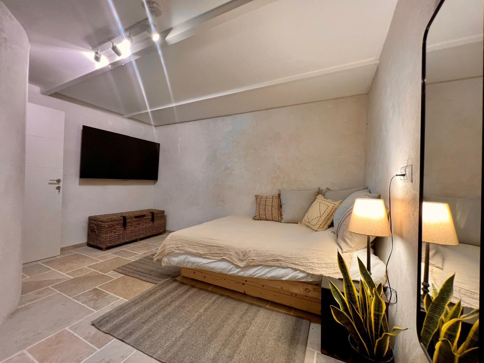 A modern bedroom with a large bed, a flat-screen TV mounted on the wall, a bedside table with a lamp, and a potted plant.