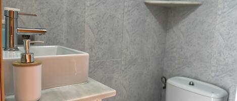 Kylpyhuone, jossa on valkoinen pesuallas, krominen hana ja wc-istuin.
