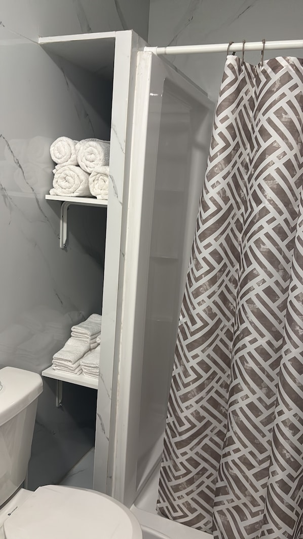 Regadera, toallas, jabón, shampoo