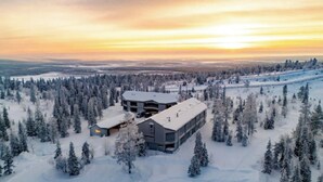 Un chalet moderne à deux étages, entouré d’une forêt enneigée.