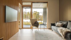 Un salon moderne doté d’un téléviseur à écran plat, d’un canapé gris, d’un fauteuil moelleux et d’une grande fenêtre donnant sur un paysage arboré et enneigé.
