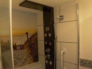 Shower, hair dryer, soap, toilet paper