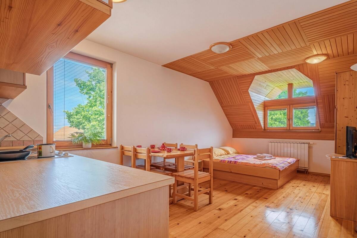 A compact room with a kitchen area, a dining table, and a bed.