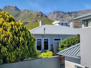 A modern house with a grey roof, surrounded by lush greenery and mountains in the background.