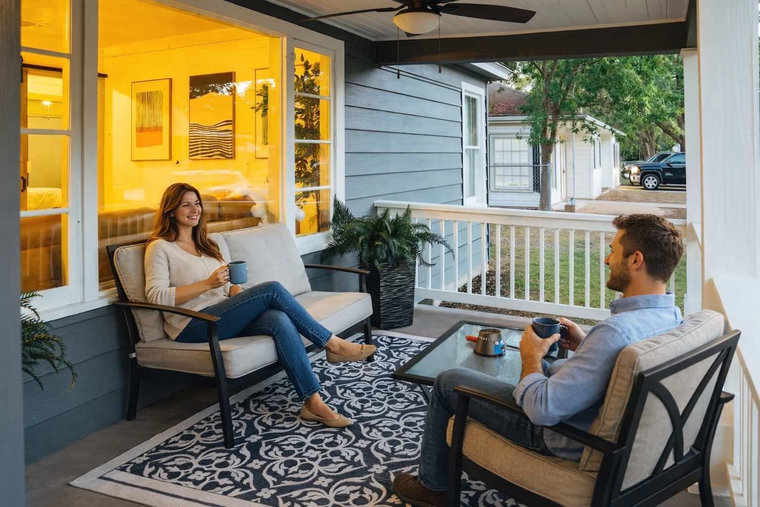 A porch with two chairs, a coffee table, and a potted plant.