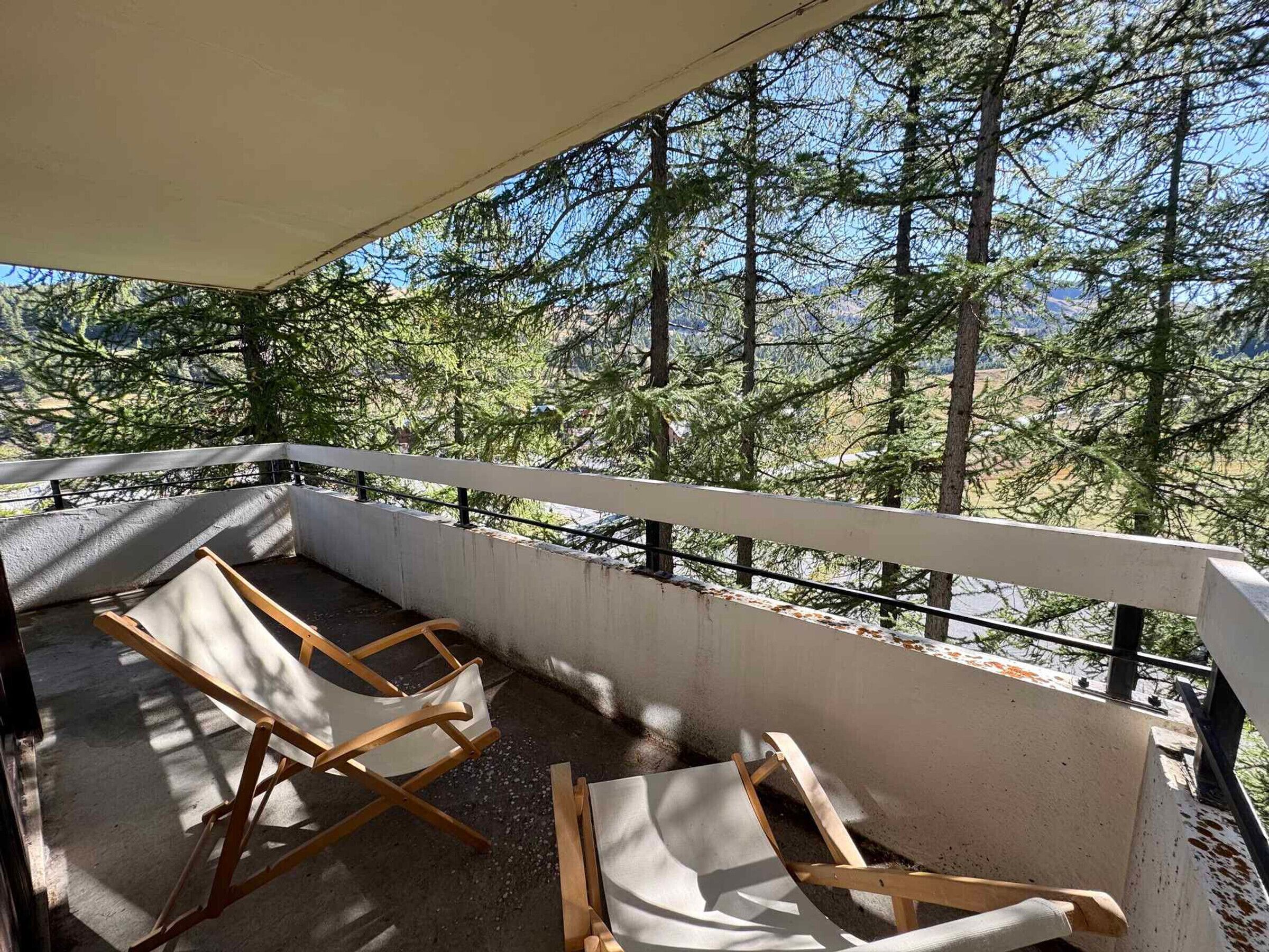 Un balcon doté de deux chaises pliantes en bois et d’un sol en béton, offrant une vue sur une zone boisée avec de grands arbres.