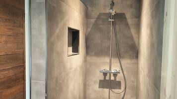 Shower, hair dryer, towels, toilet paper