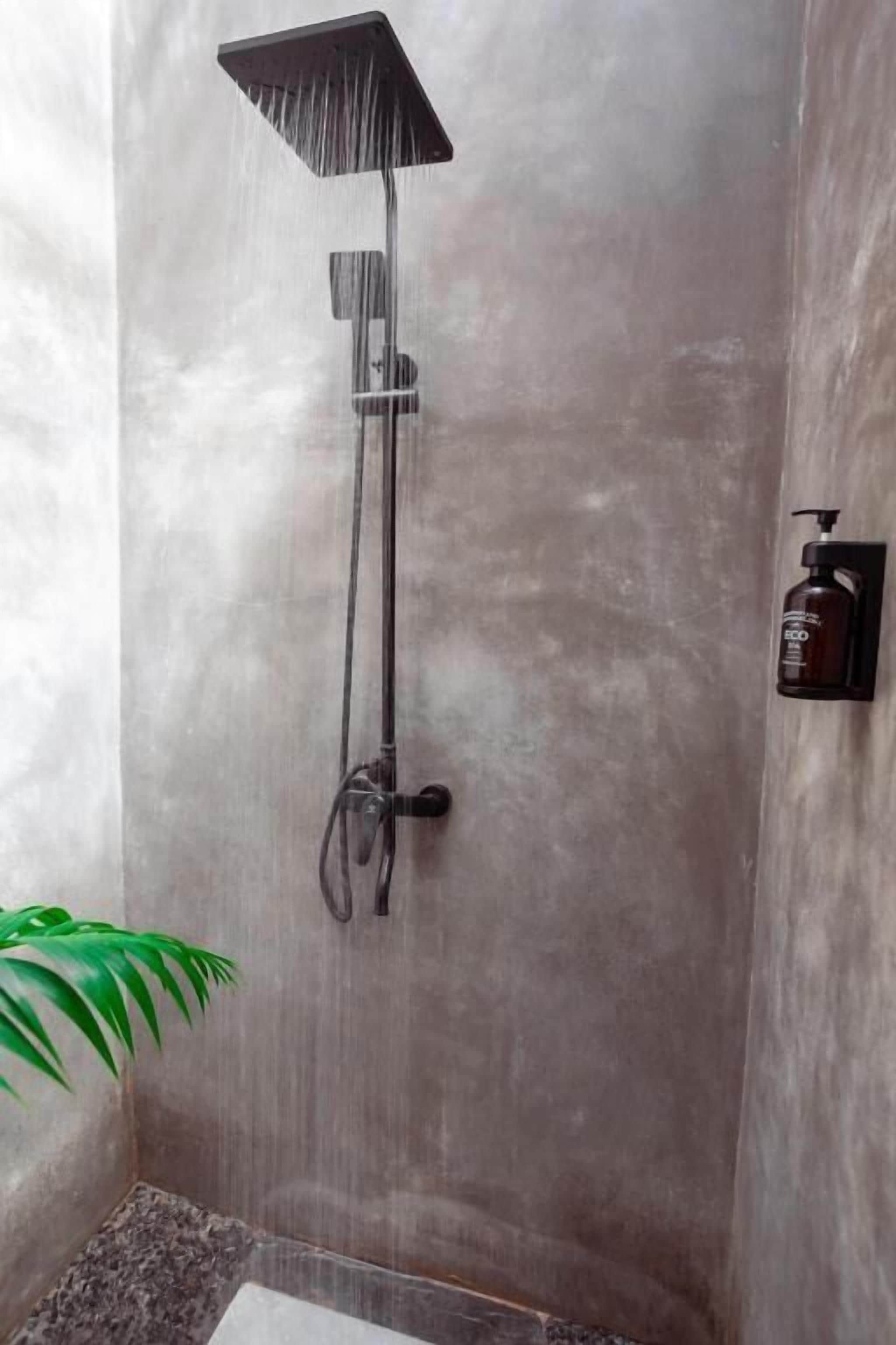 A shower with a rain-like effect, a wall-mounted soap dispenser, and a plant.