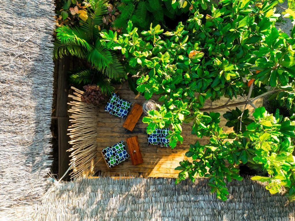 A thatched roof structure with a wooden deck and potted plants.