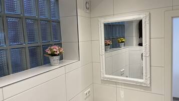 Hair dryer, towels, soap, toilet paper