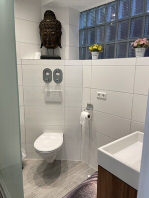 Hair dryer, towels, soap, toilet paper