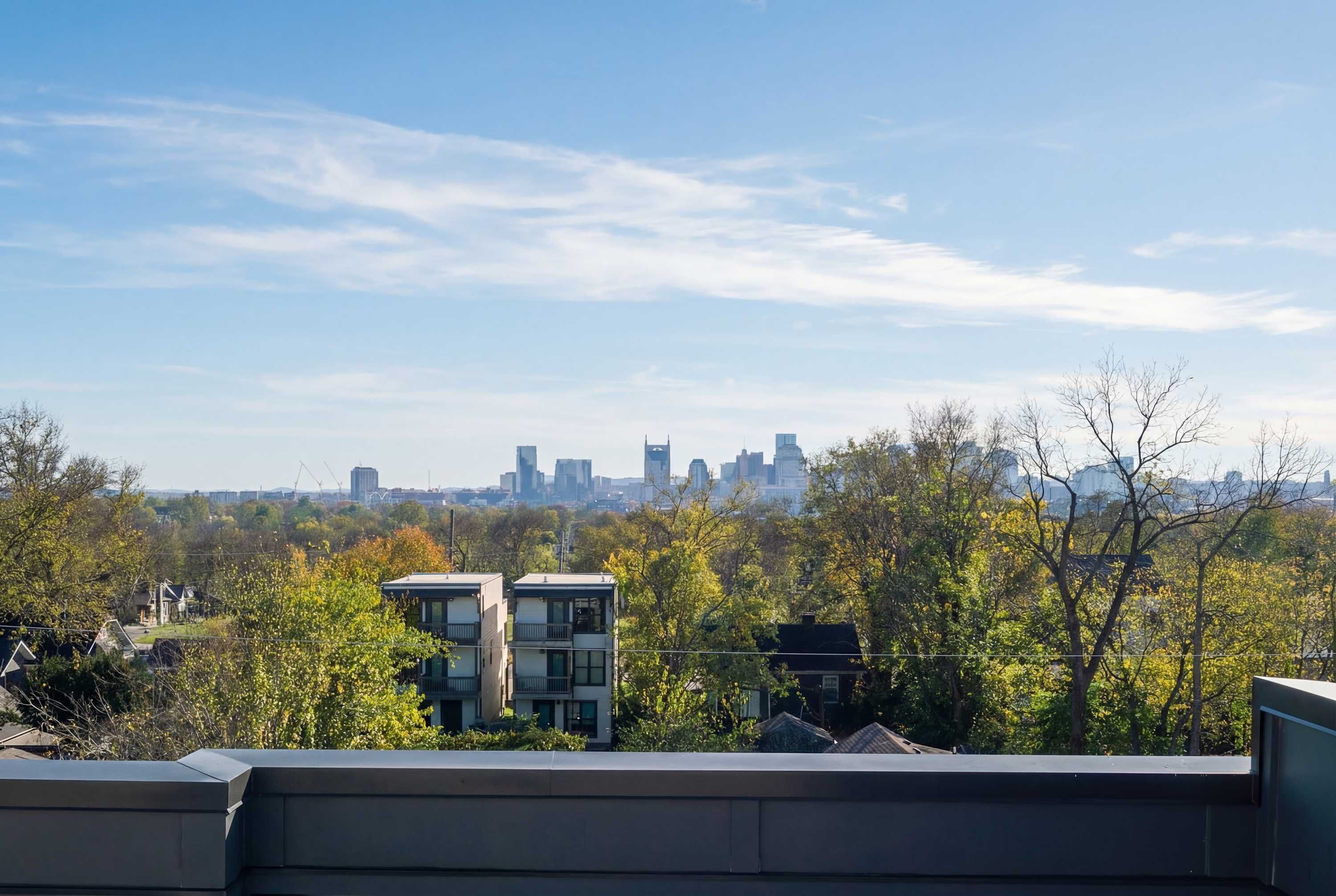 A city skyline with modern buildings, a clear sky, and trees in the foreground.