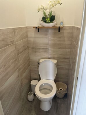 シャワー、ヘアドライヤー、タオル、トイレットペーパー