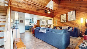 Smart TV, fireplace, books