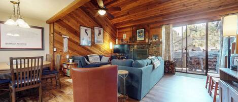 Smart TV, fireplace, books