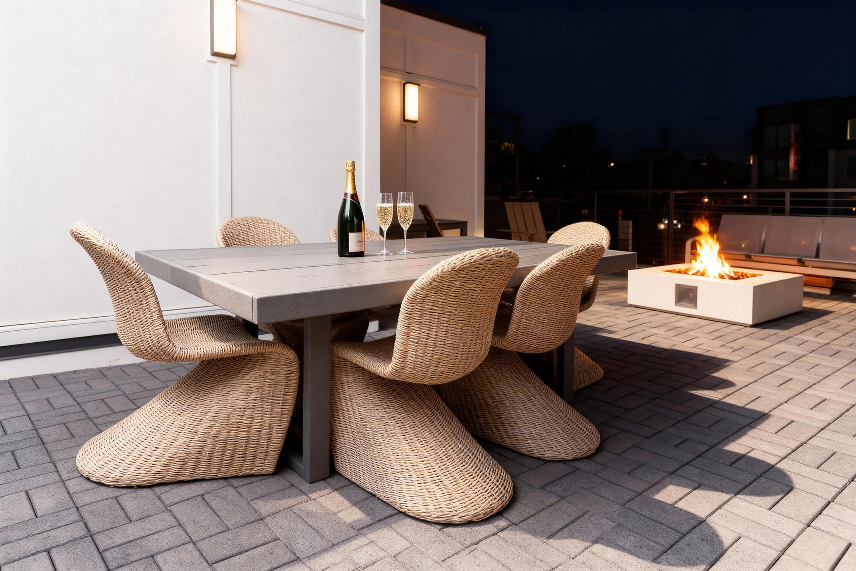 Un área de comedor al aire libre con sillas de mimbre, una mesa y una chimenea.