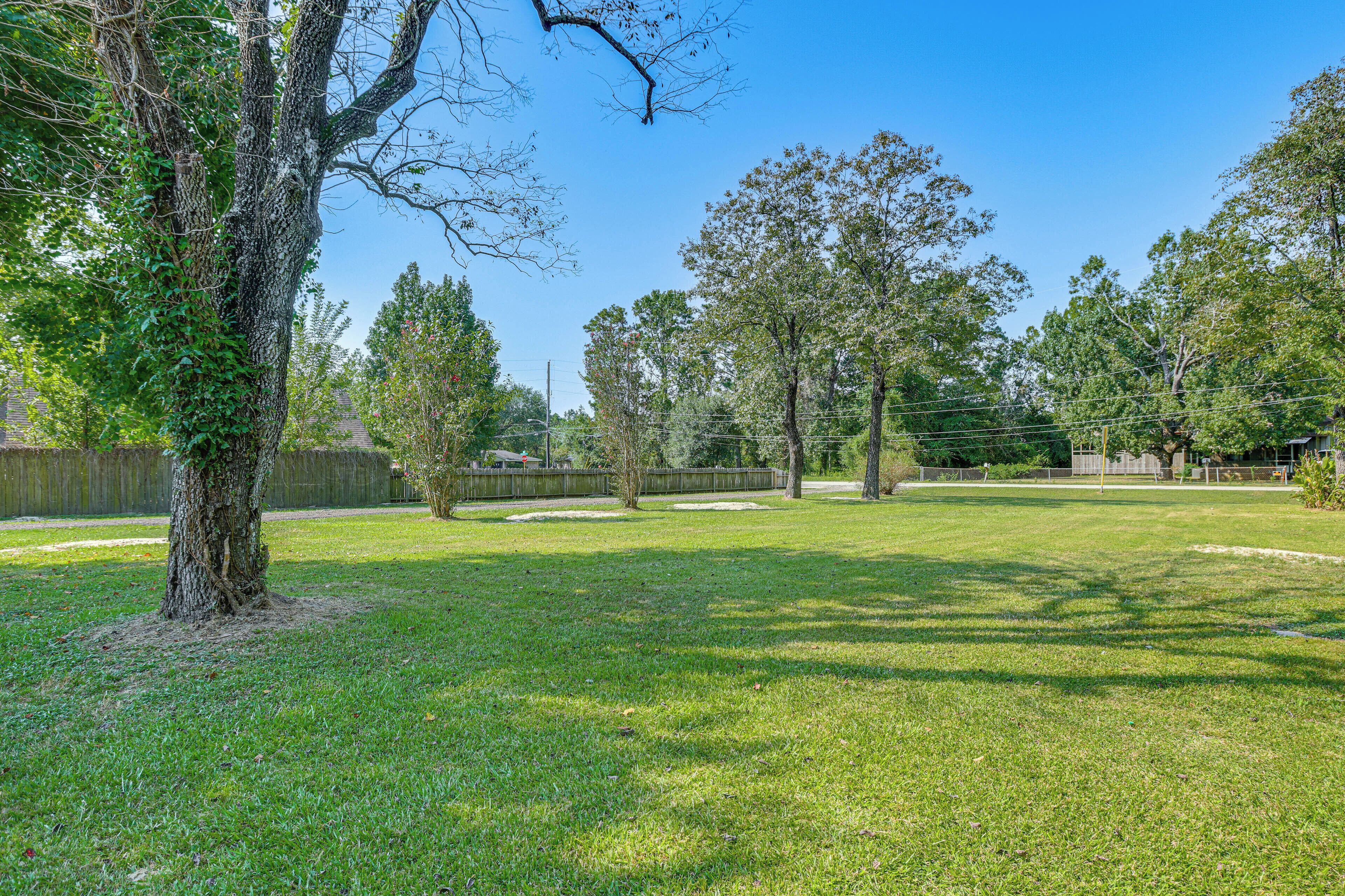 A grassy yard with trees and a wooden fence.