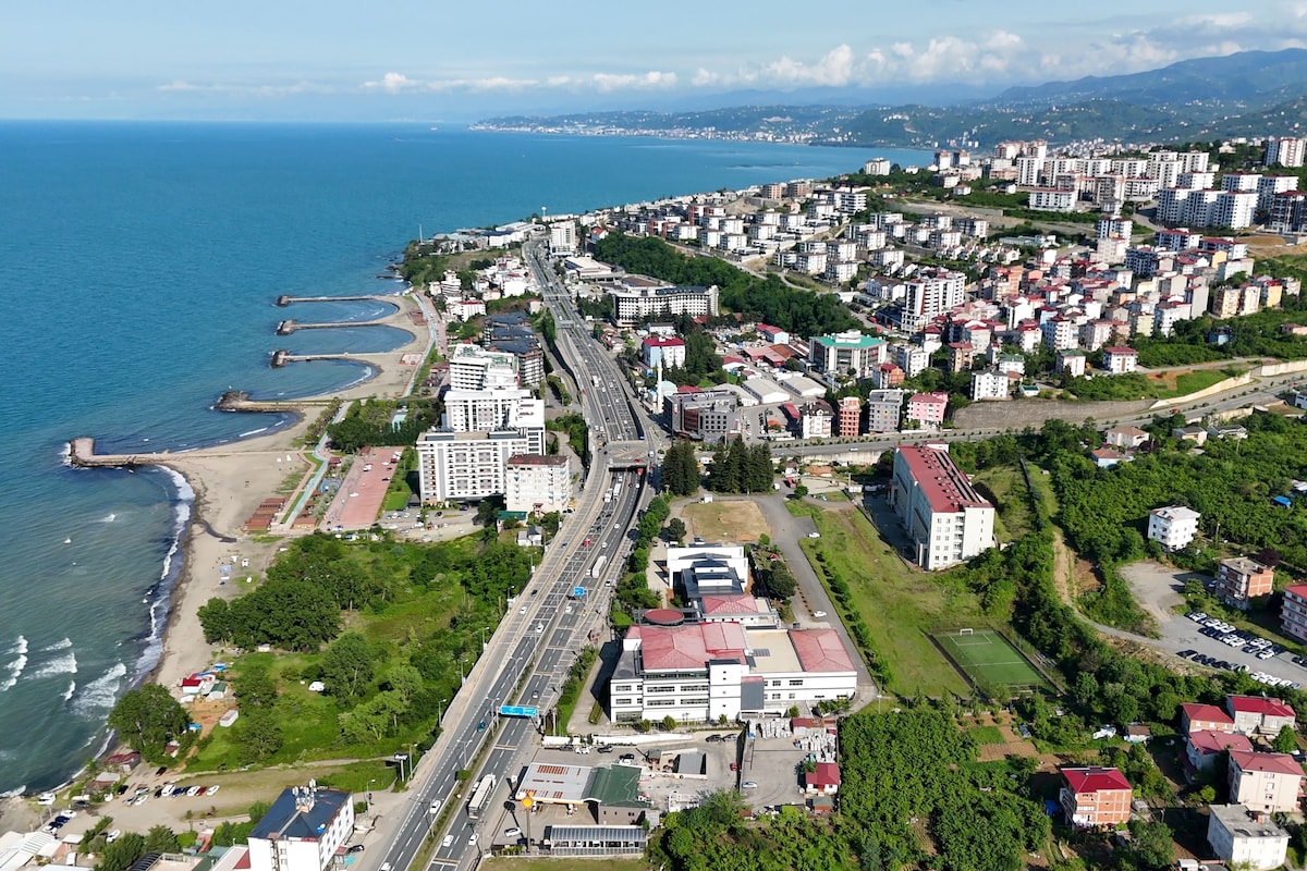 An aerial view of a coastal city with a marina, residential buildings, and a highway.