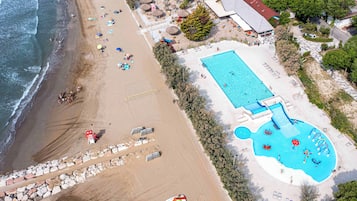 Seasonal outdoor pool, pool umbrellas, pool loungers