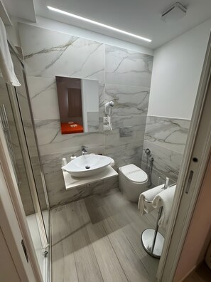 Shower, hair dryer, towels