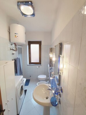 Secador de cabelo, bidê, toalhas de banho, papel higiênico