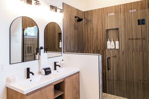 Hair dryer, towels, soap, shampoo