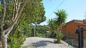 A gravel path leading to a building with a fence, surrounded by trees and plants.