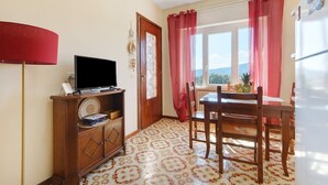 A dining area with a table, chairs, a television on a cabinet, and a view through a window.