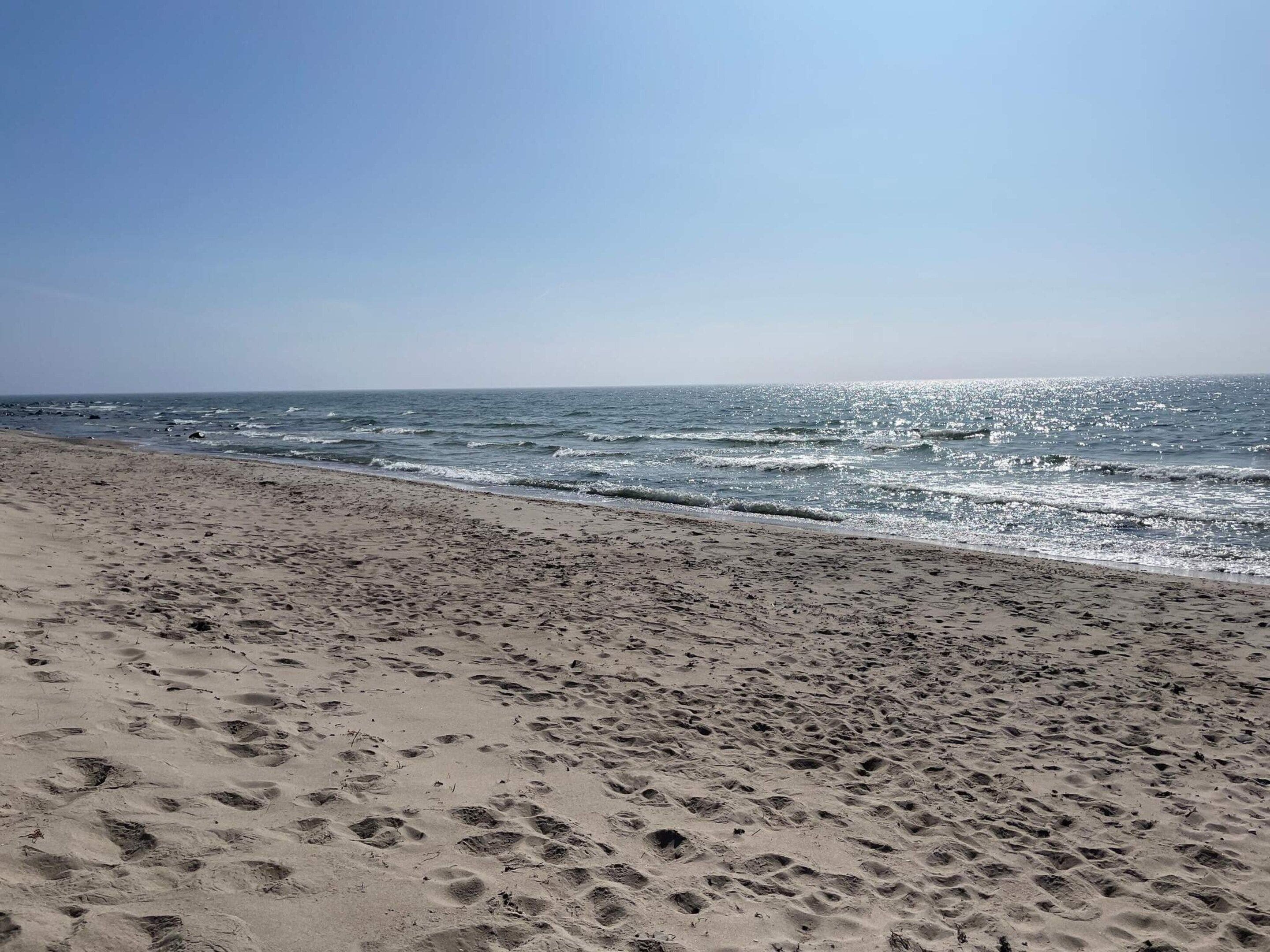 Una playa con huellas que conducen al agua, cielo despejado y el océano.