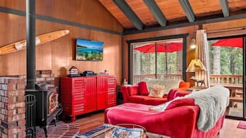 TV, fireplace, DVD player, books