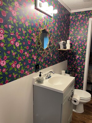 A bathroom with a floral wallpaper, a white sink, a mirror, and a toilet. - Fabulous 2 bedroom Bungalow in Charming Rose District, Downtown Broken Arrow (Broken Arrow)