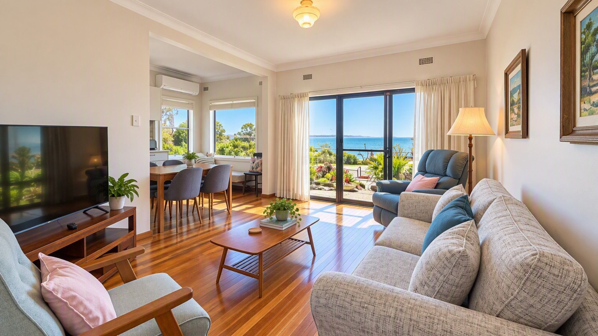 A modern living room with a flat-screen TV, a dining area, and a balcony with a view of the sea.