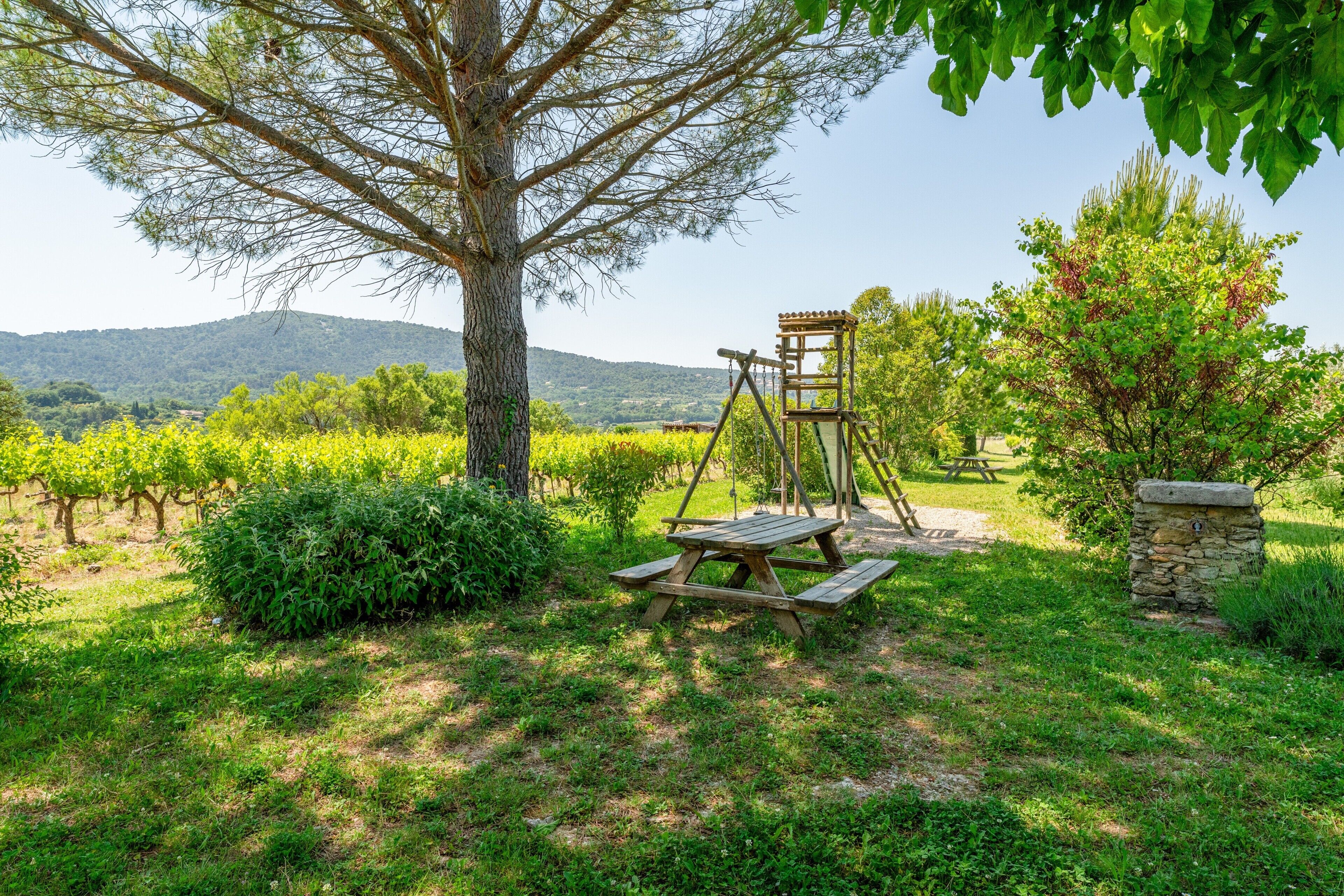 A picnic area with a wooden table and benches, surrounded by greenery and a stone wall.