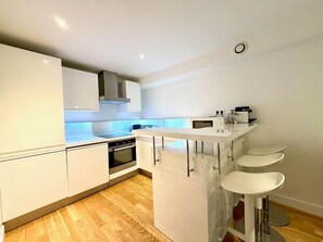 Fridge, microwave, oven, toaster