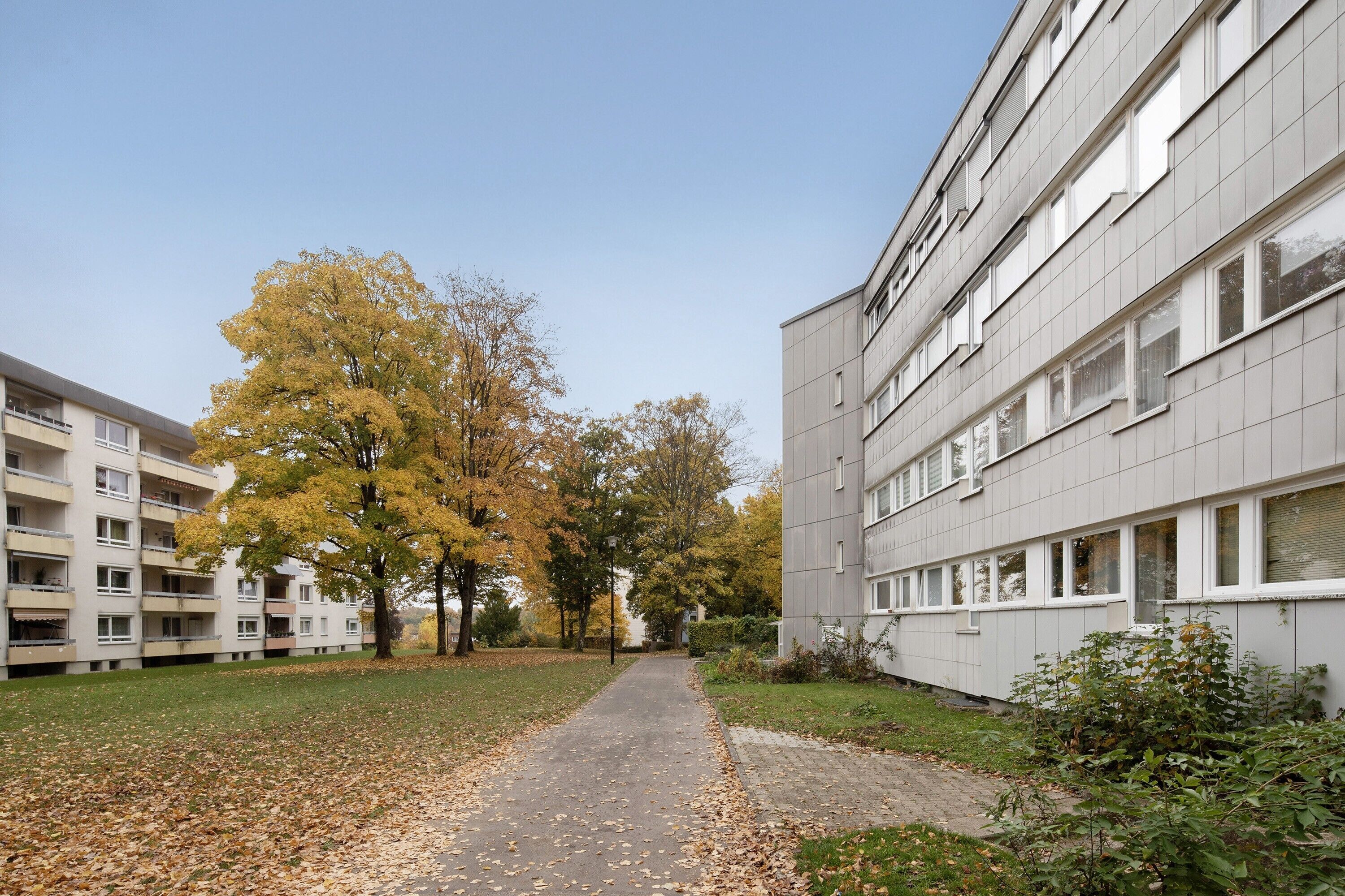 A pathway flanked by buildings with a clear sky above.