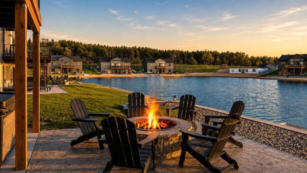 Un patio junto al lago con un brasero y sillas Adirondack, con vista a una zona residencial.