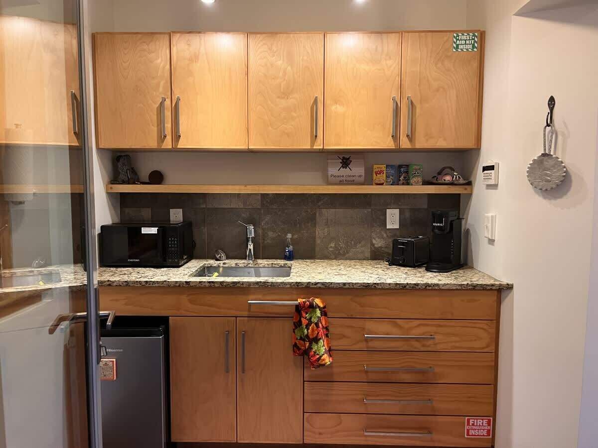Coffee/tea maker, microwave, toaster, cookware/dishes/utensils