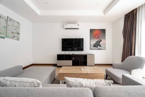 Un salon moderne avec un téléviseur à écran plat, des canapés gris, une table basse en bois et des œuvres d’art accrochées aux murs.